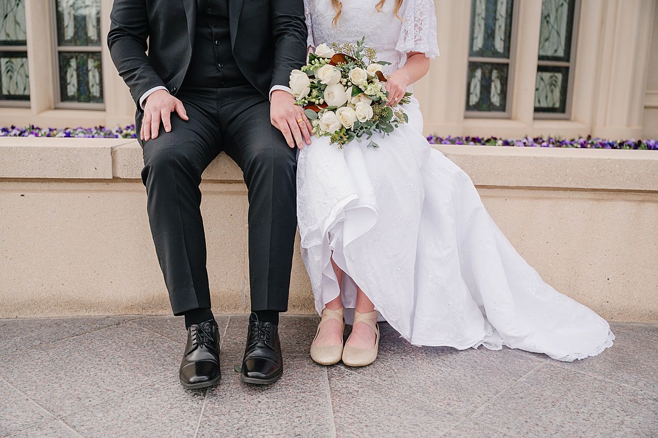 Wedding couple's feet and formal shoes shown in a series of artistic detail shots against a light colored floor.