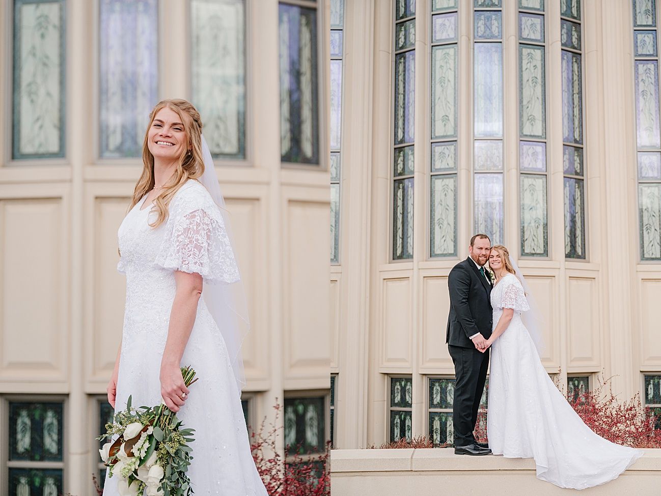 Series of romantic wedding photos captured against a classic stone building exterior.