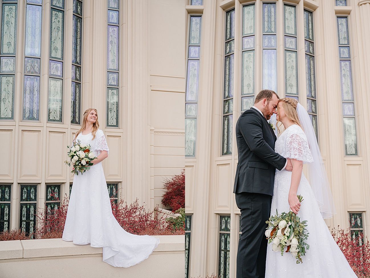 Wedding couple portraits outside a grand cream-colored building with ornate architectural details.