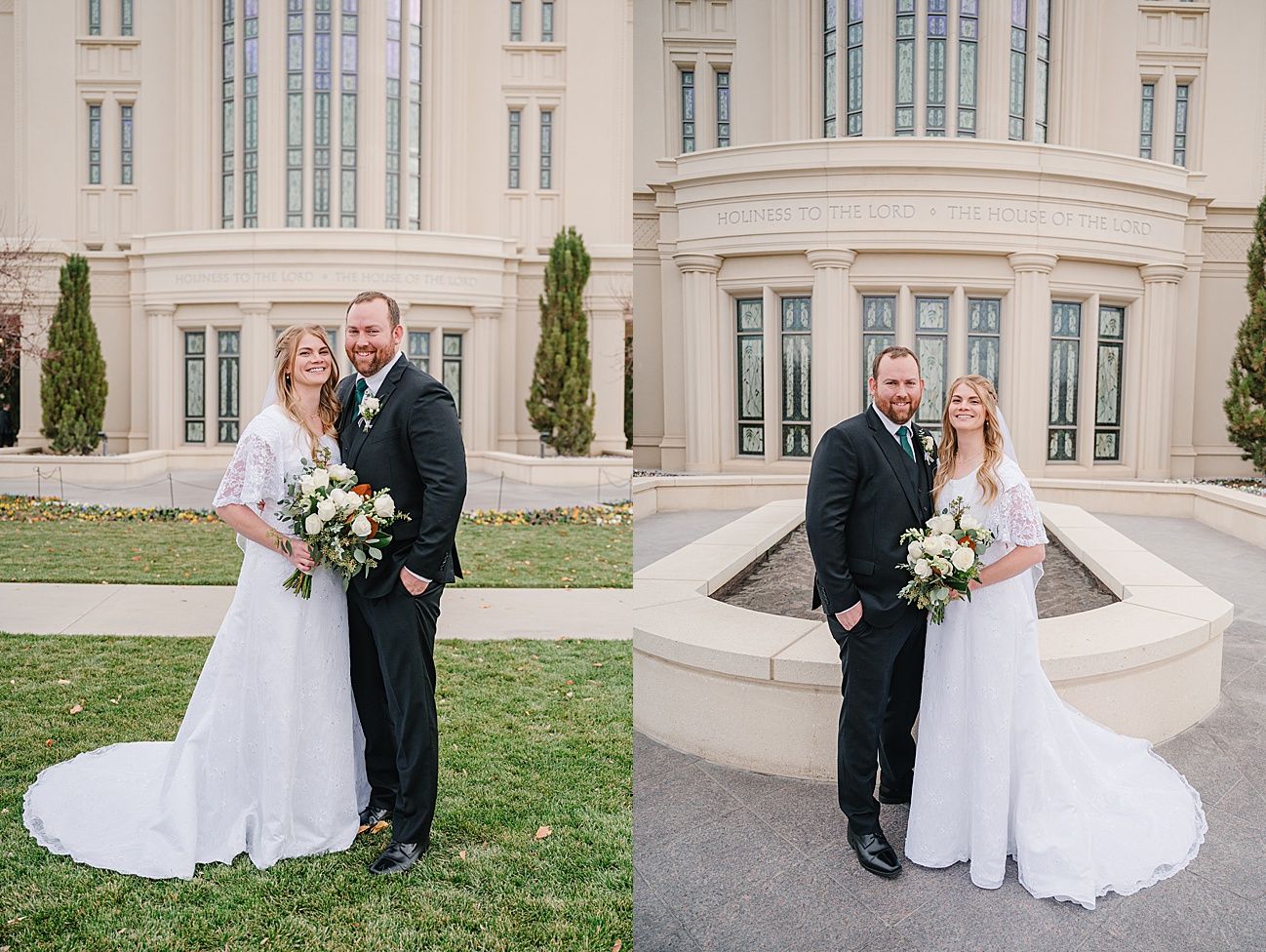 Classic stone building exterior with architectural columns and windows creates an elegant wedding venue backdrop.