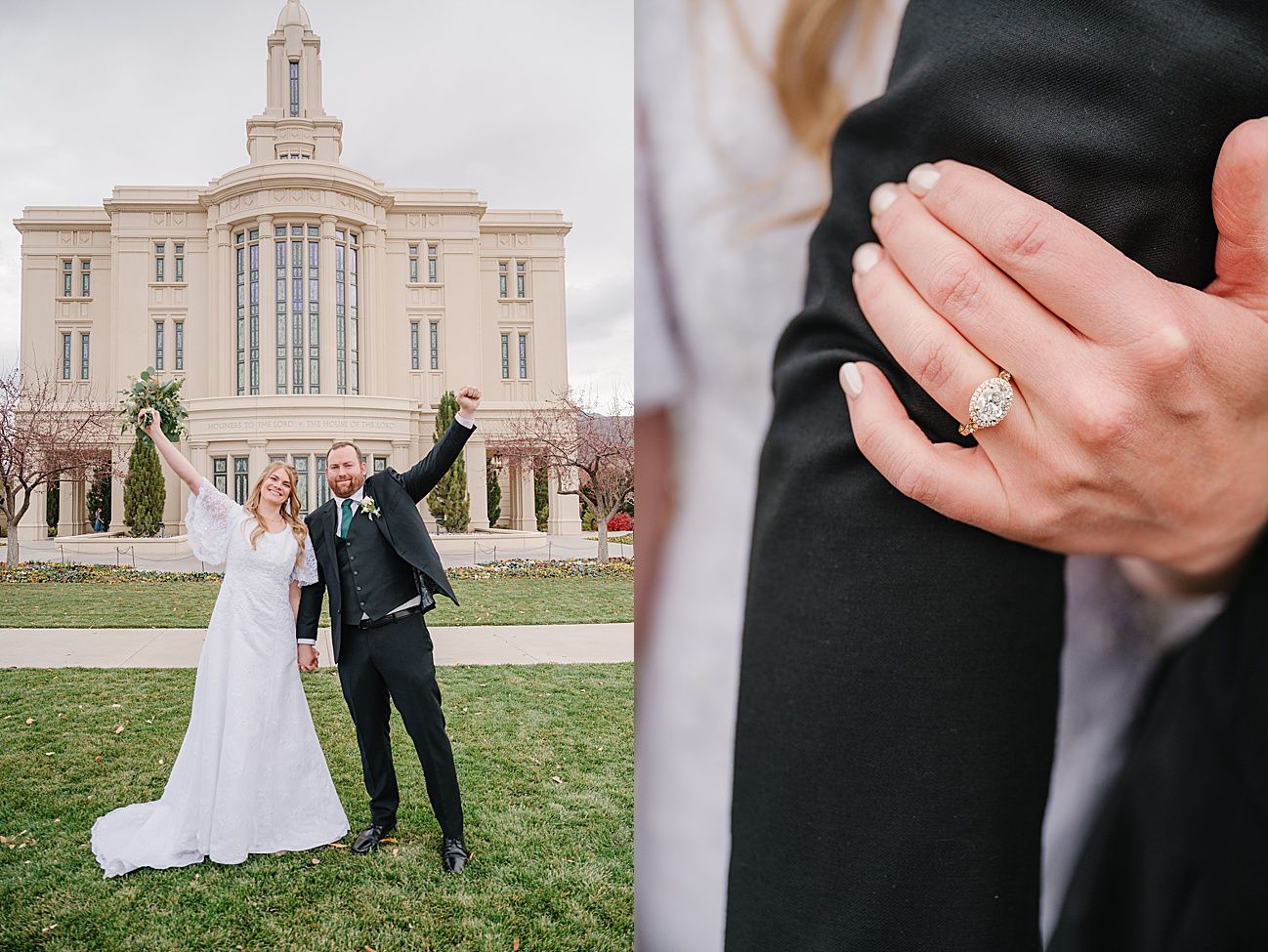 A newlywed couple celebrates outside a grand church building, with a close-up detail of an elegant engagement ring.