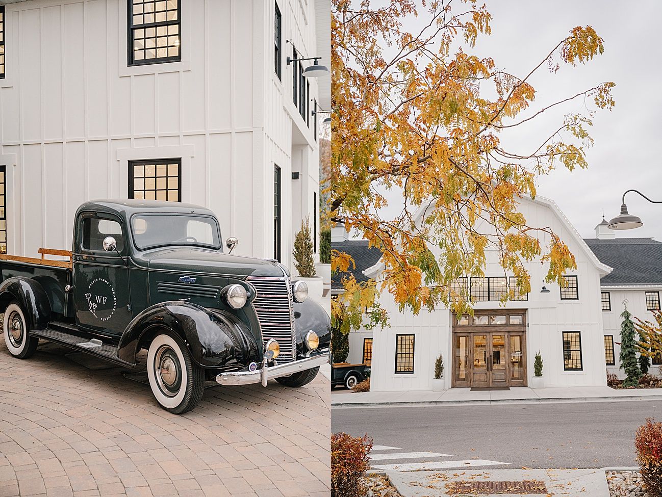 A vintage green pickup truck parked beside white colonial buildings with autumn foliage in the background.