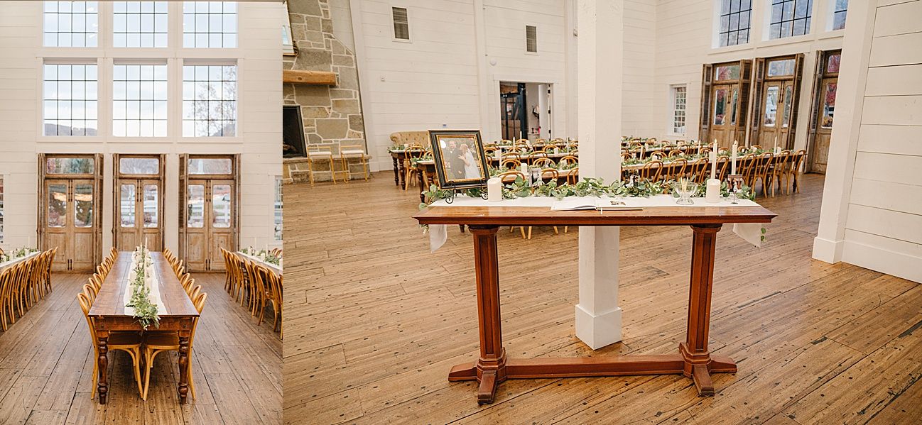 Panoramic view of a bright white wedding chapel interior with tall windows and wooden pews.