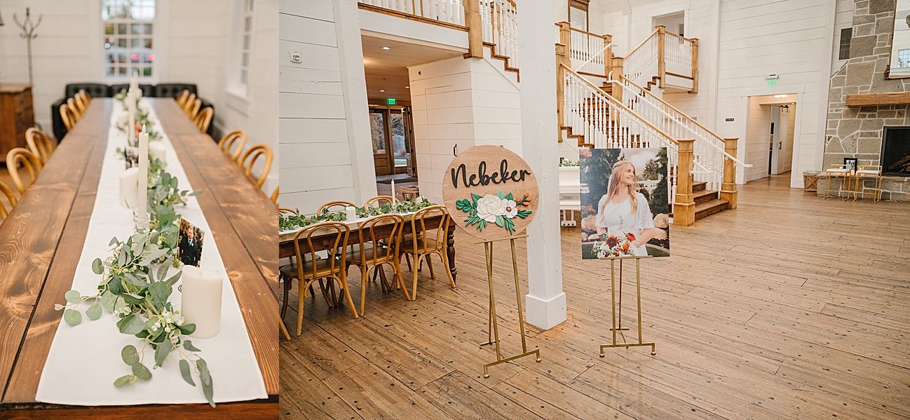 Long banquet tables set up in a bright reception hall with white columns and hanging greenery decor.