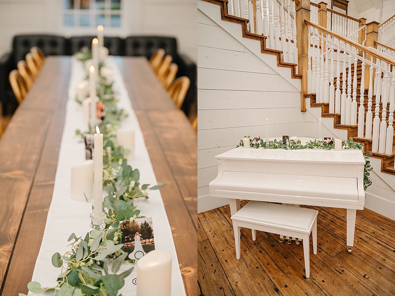 Elegant white piano decorated with delicate eucalyptus and floral arrangements for a wedding ceremony.
