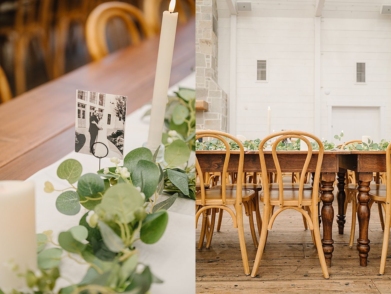Rustic wooden dining tables with greenery decorations set up in a bright white event space.