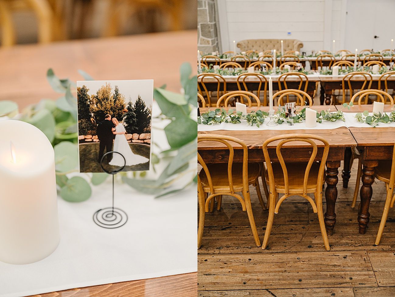 Rustic wooden cross-back chairs line up at an elegant wedding reception with soft green eucalyptus decor.