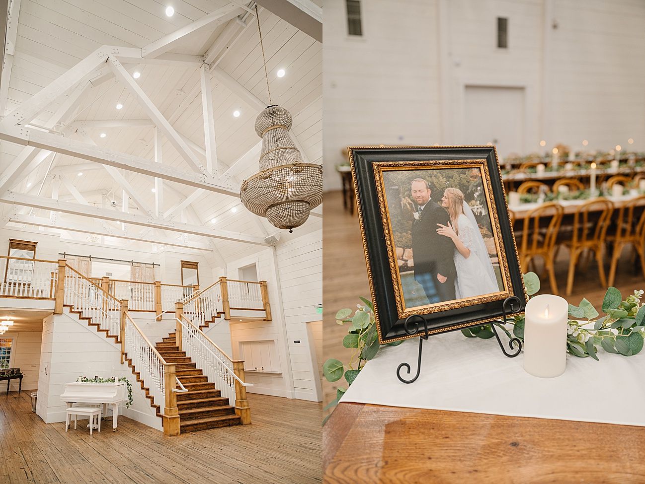 Interior shots of an elegant white wedding venue with wooden floors, chandeliers and classic architectural details.