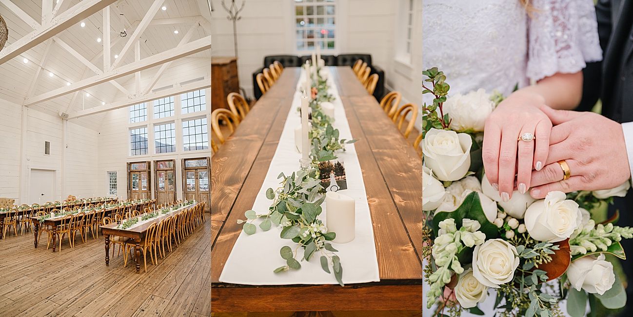 A collection of wedding detail photos showing white floral arrangements, rings, and decor in an elegant indoor setting.