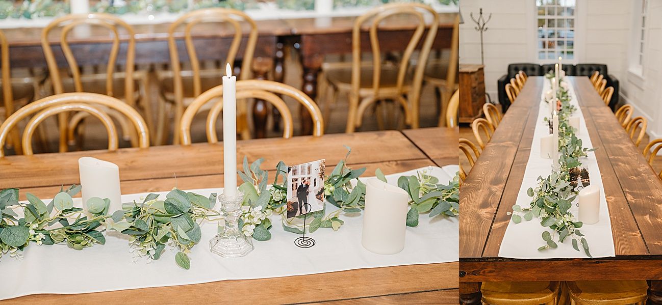 Rustic wooden beams and decorative greenery line the ceiling of an elegant wedding reception venue.