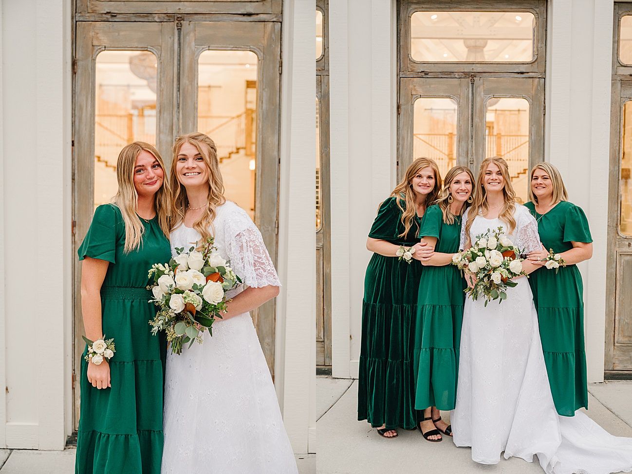 A bride in white stands with bridesmaids wearing emerald green dresses holding bouquets in an elegant indoor setting.