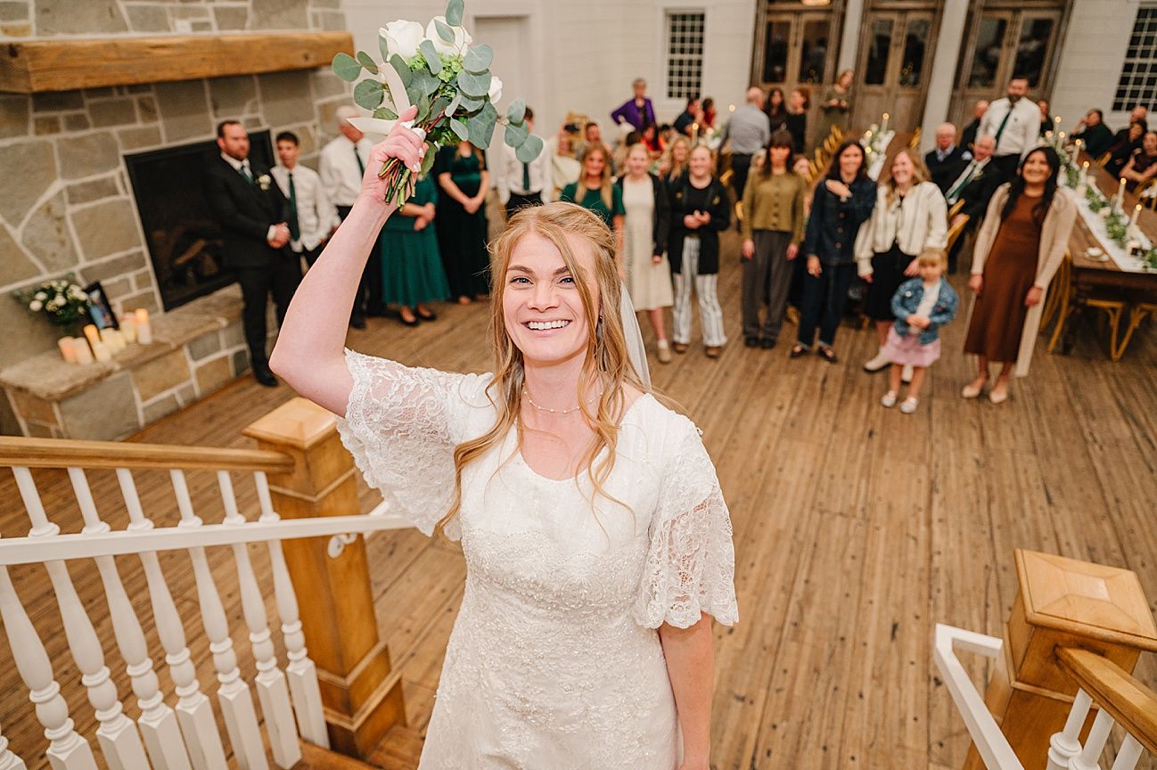 Wedding celebration in a rustic venue with exposed brick walls and hardwood floors.