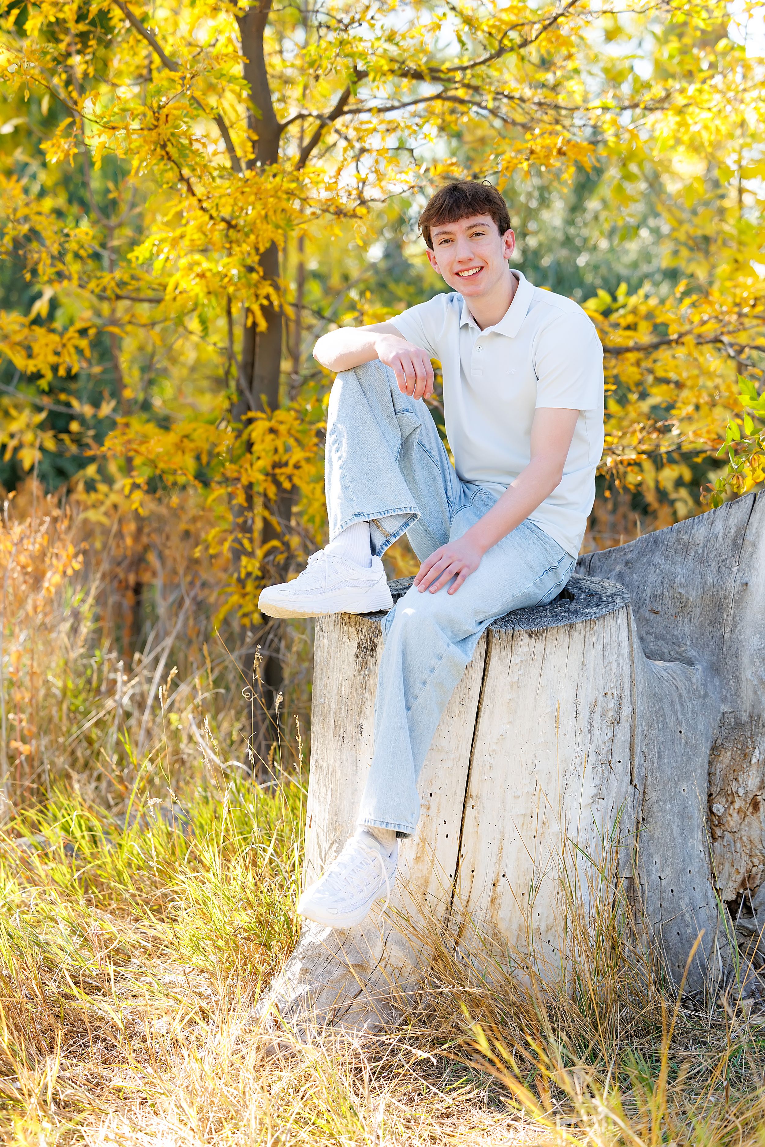 Smiling young man in white polo and jeans sitting on a large tree stump surrounded by golden autumn foliage.