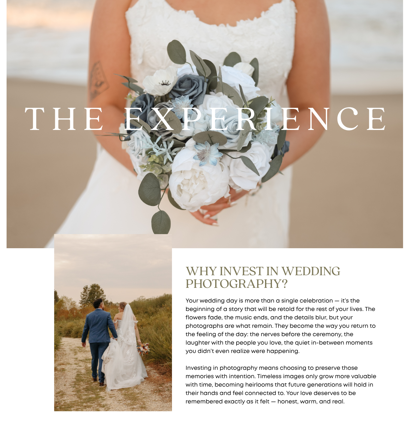 A collage of wedding photos with orange and blue floral decorations and text about wedding photography services.