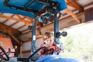 Young child sitting in a blue tractor under a wooden shelter structure.