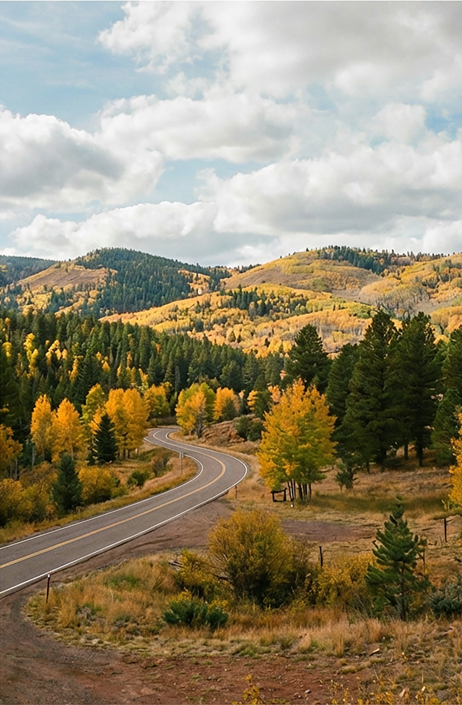 Curved highway through colorful fall foliage with mountains and blue sky.