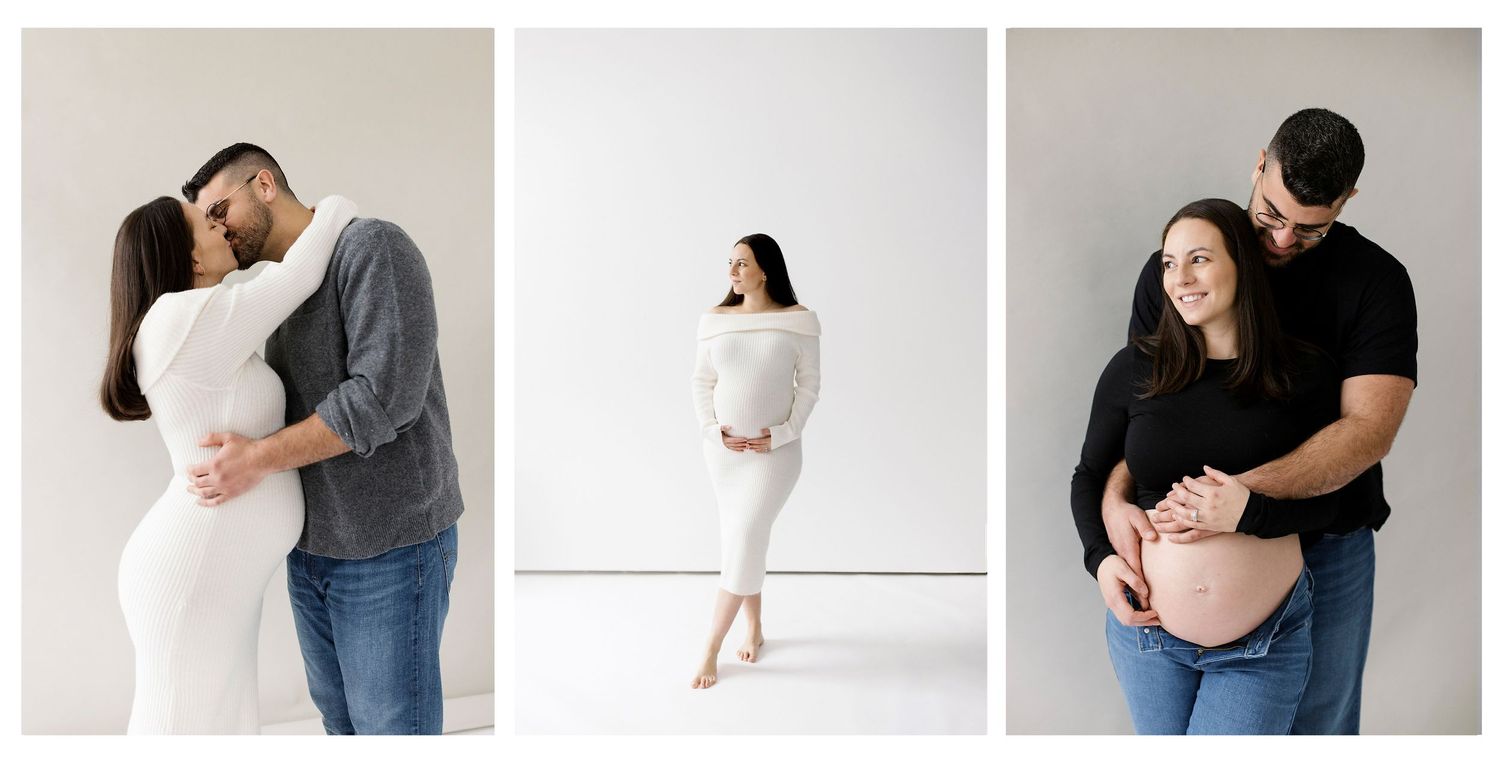 Three minimal studio maternity photos against neutral background showing romantic couple poses in blue jeans and light colors.