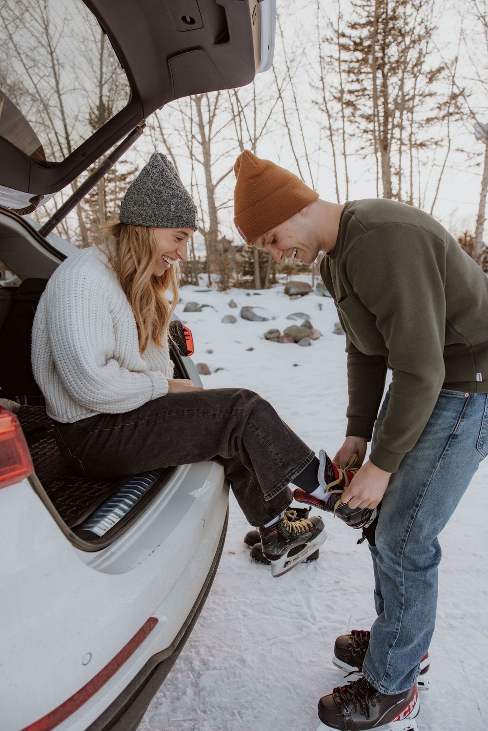 Step by step sequence showing someone putting on winter boots and preparing for snowy outdoor activities.