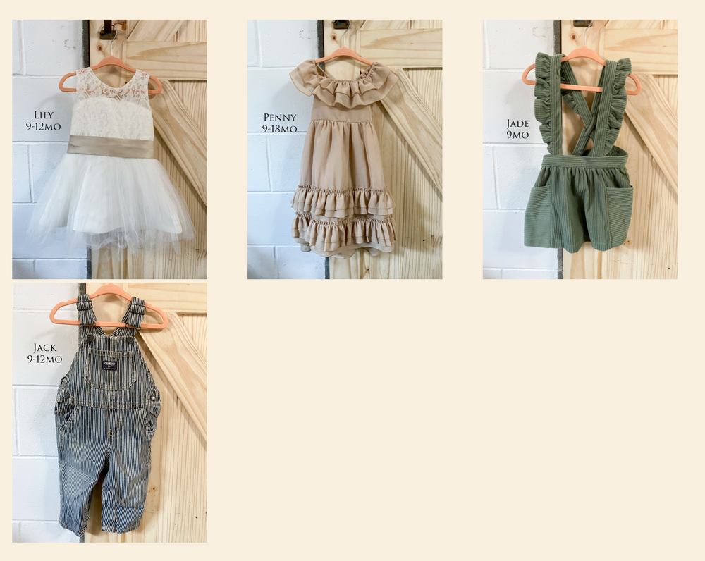 Children's clothing collection featuring white tulle dress, beige ruffled dress, green romper and denim overalls.