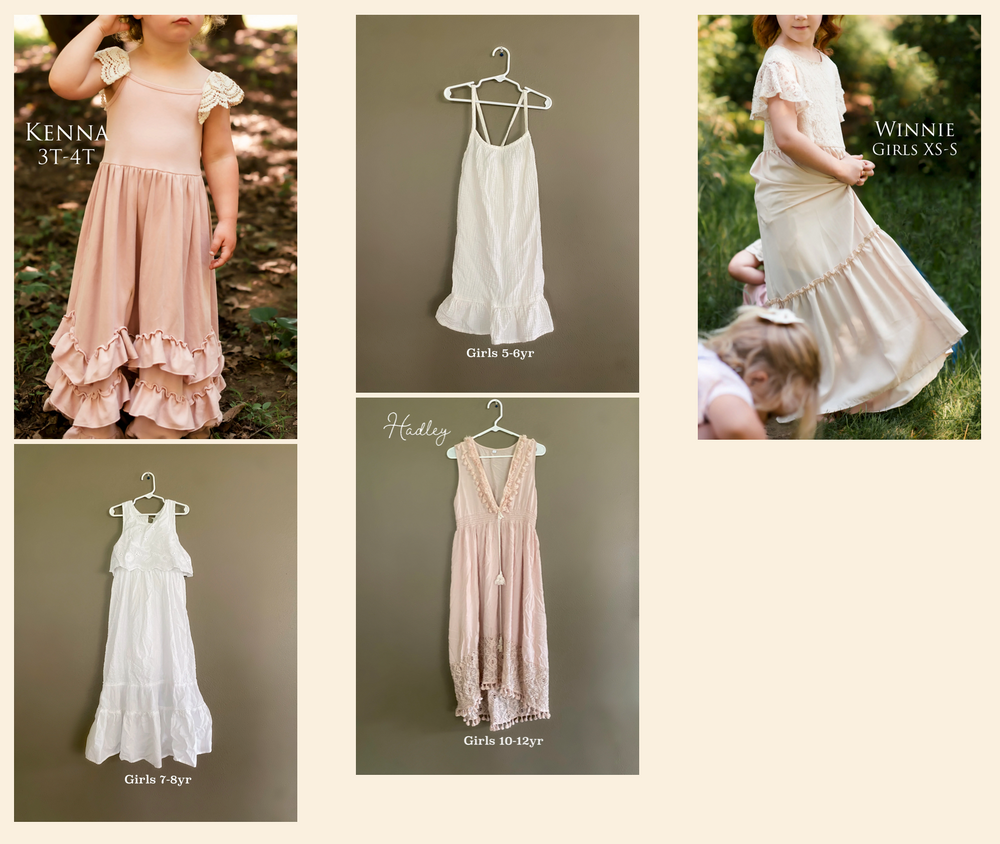 Selection of vintage-inspired dresses in white, pink, and cream with romantic ruffled details.