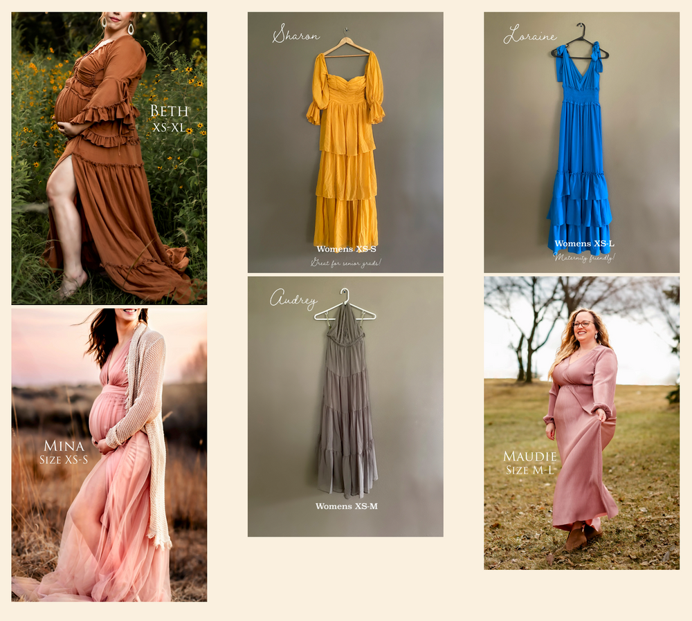 Feminine maxi dresses in rust, yellow, blue, pink and gray showcasing romantic flowing designs.