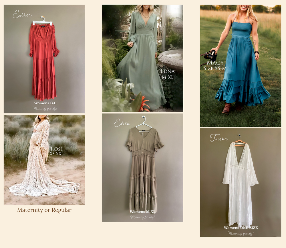 Collection of maxi dresses in red, sage green, blue, white and beige with flowing silhouettes.
