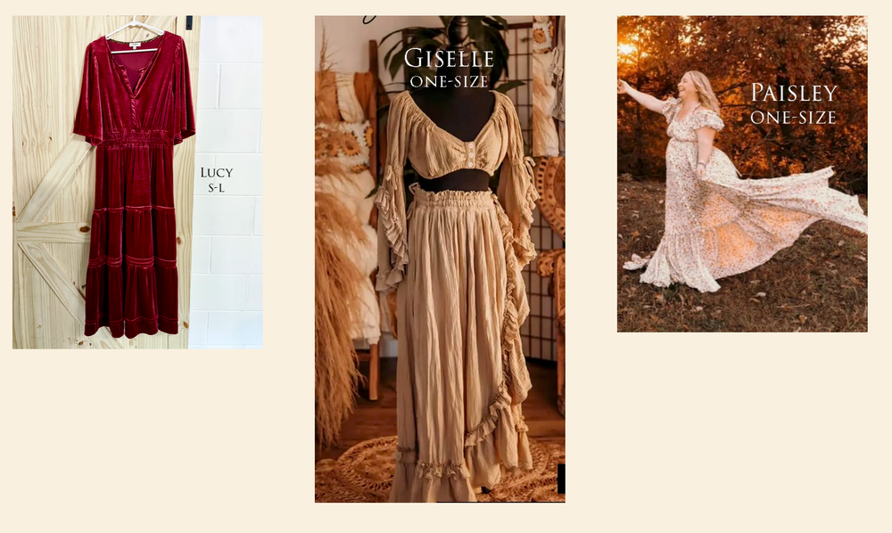 Three romantic dresses in burgundy, beige, and blush tones with flowing fabric and vintage-inspired designs.