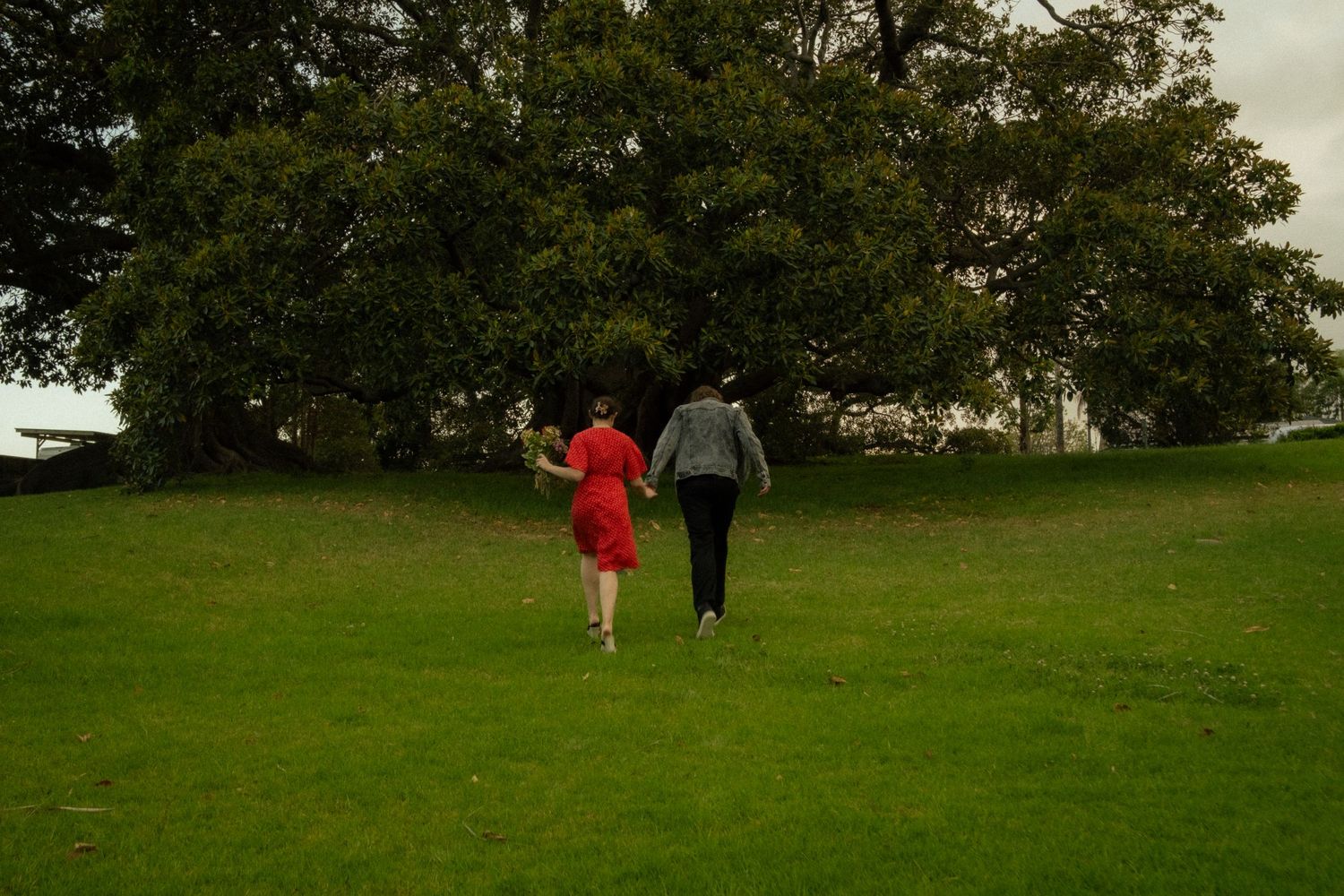 Wide shot of a green field with small figures walking in the distance.