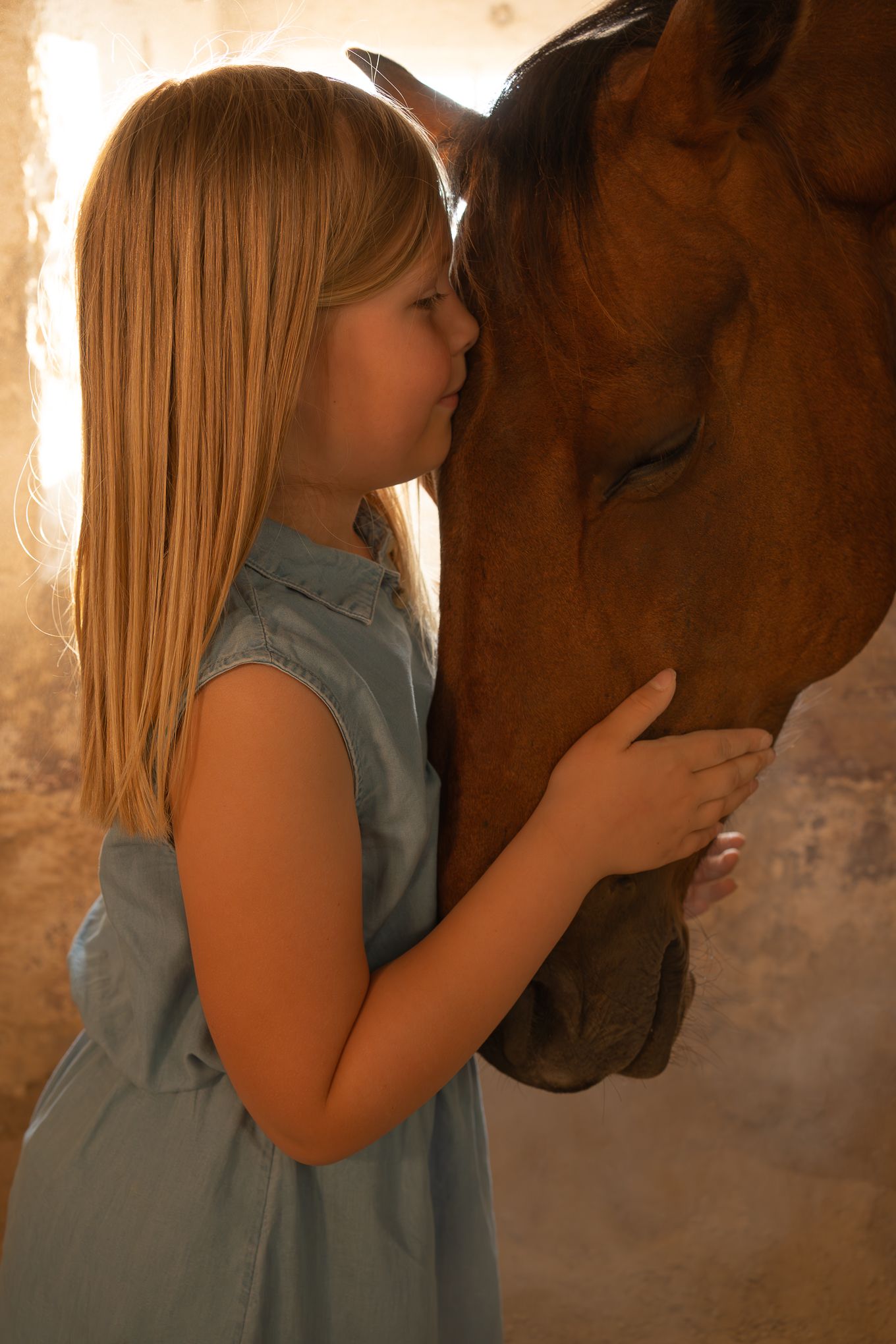 A child in a blue dress shares a tender moment with a brown horse in a series of connected images.