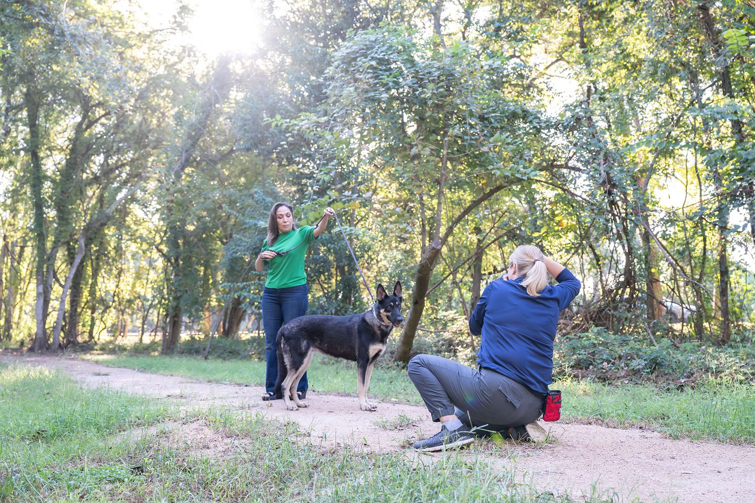 Two people during a photo session on a forest trail with a black dog while one takes photos during golden hour sunlight.