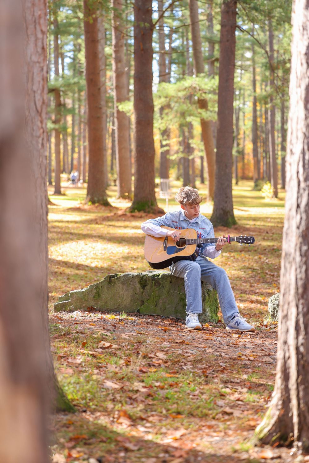 Teen boy plays acoustic guitar while sitting on a rock in a sunlit pine forest in autumn.