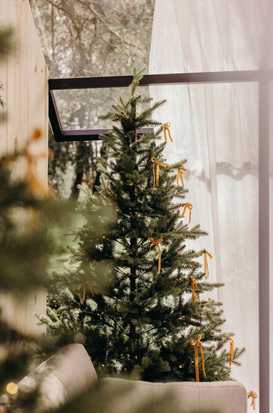 Studio family portrait with festive wreath decoration and white backdrop.