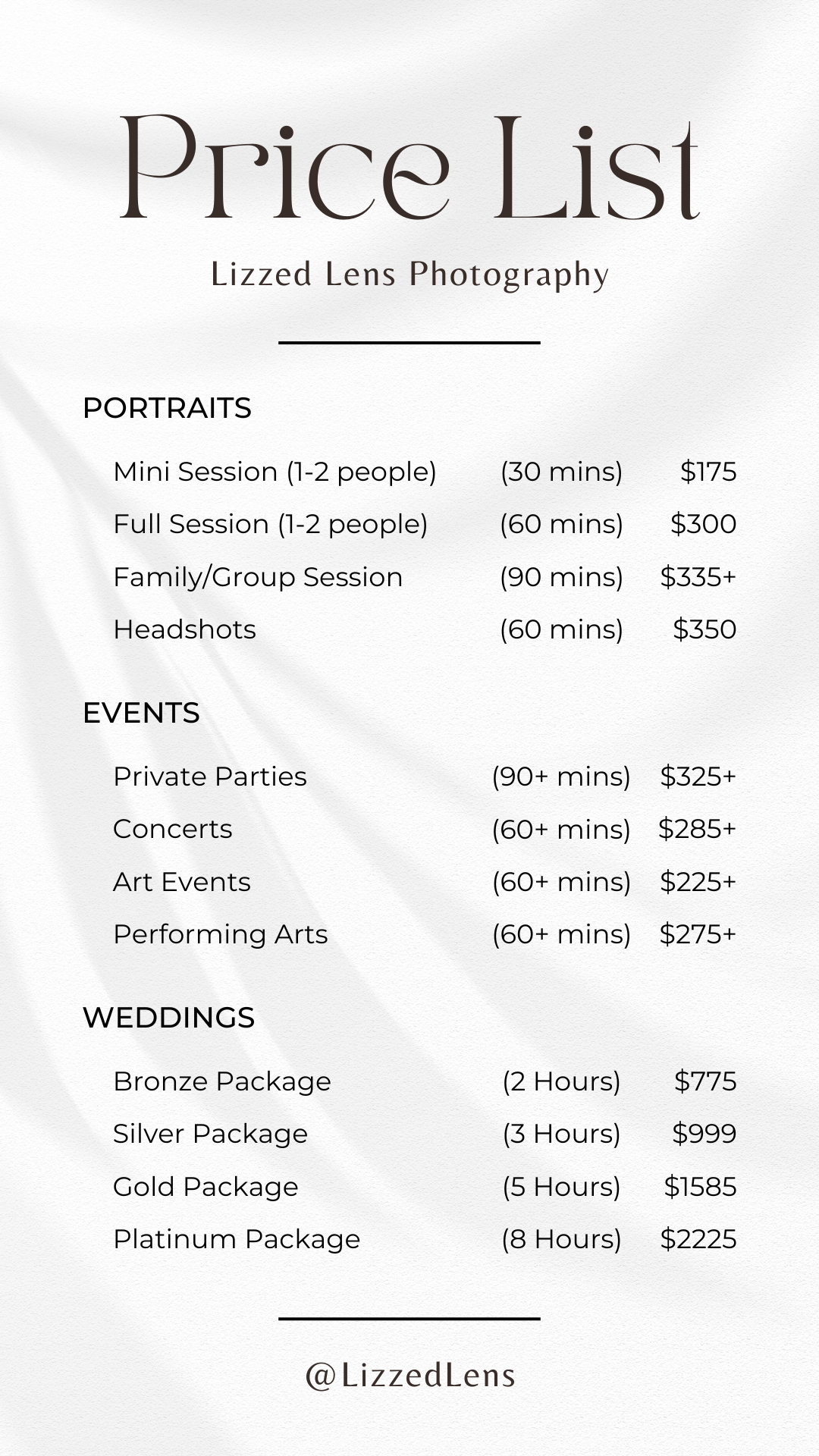 Price list for Lizzed Lens Photography showing portrait, event, and wedding session rates.