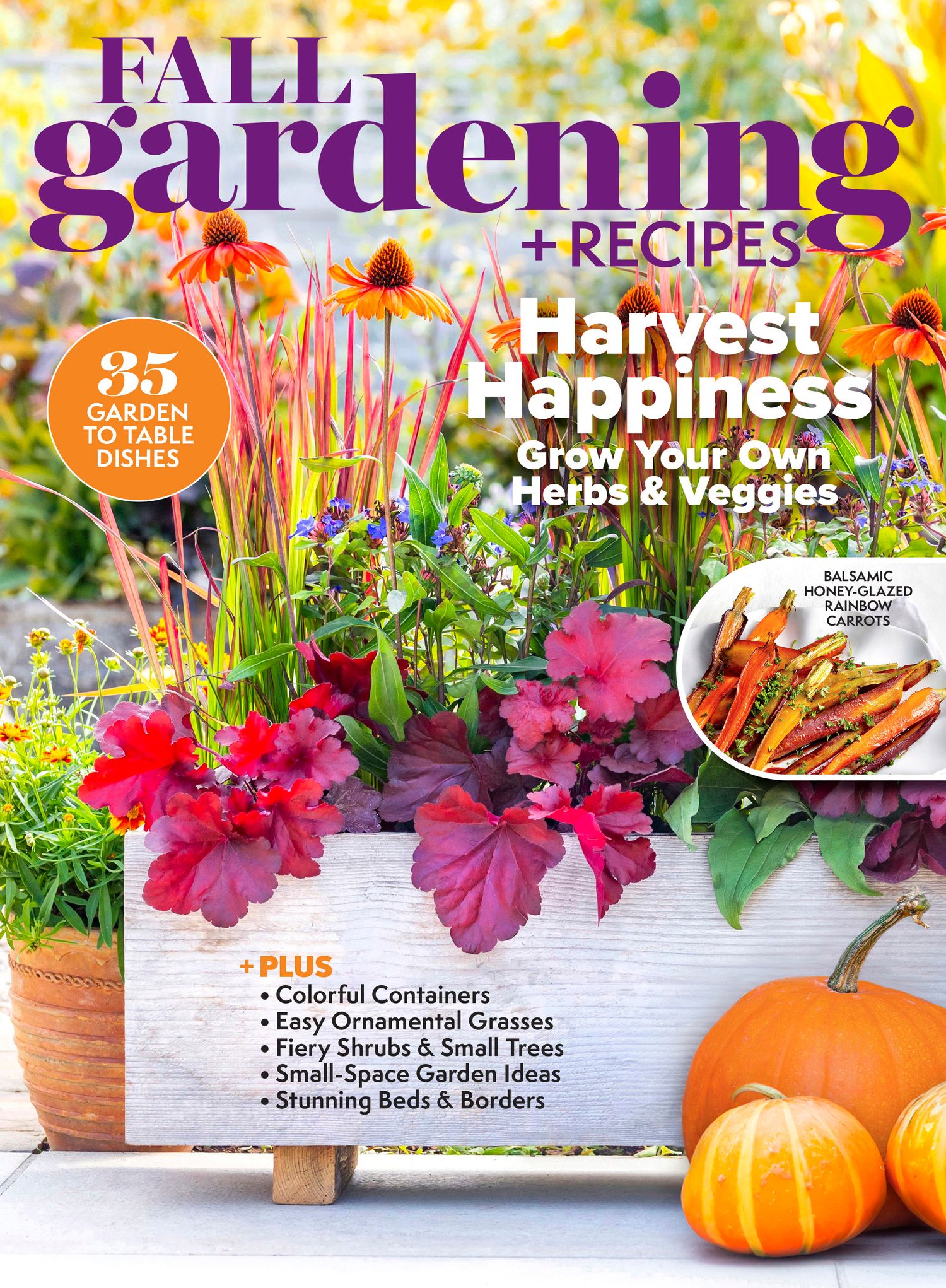 Magazine cover featuring fall gardening tips with bright flowers and pumpkins.