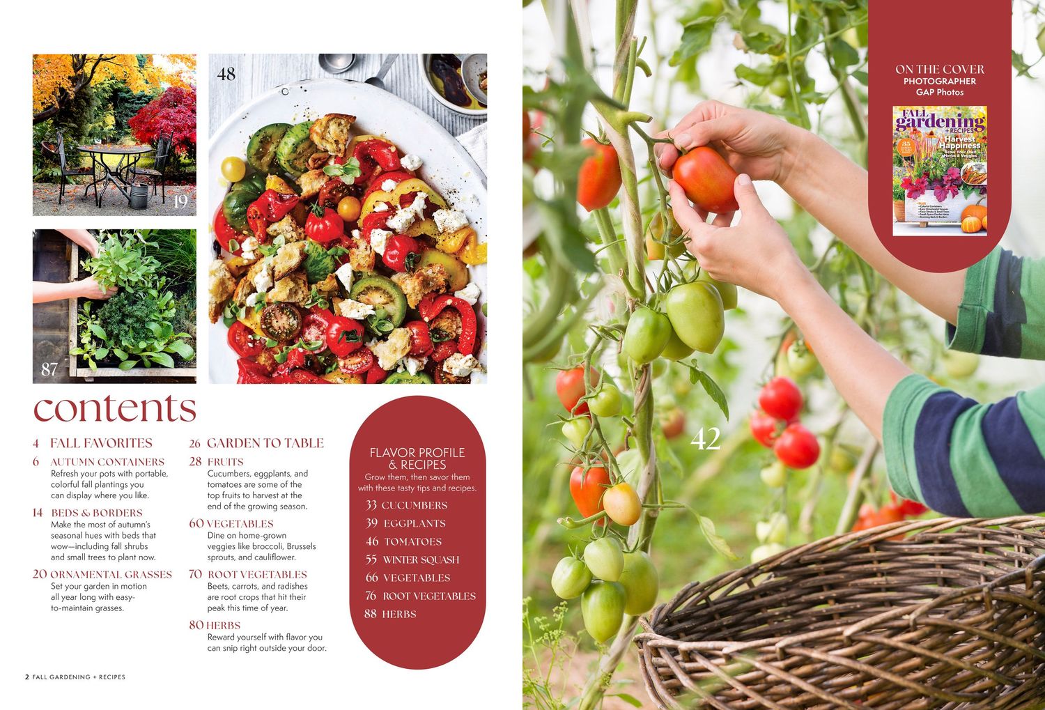 Collection of garden photos and recipes showing colorful vegetables and flowers.