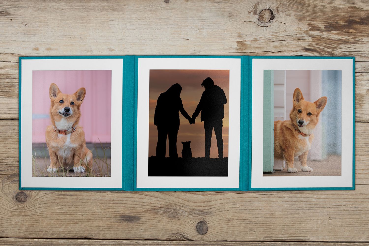 Three framed photos showing two corgi portraits and a silhouette of a couple holding hands.