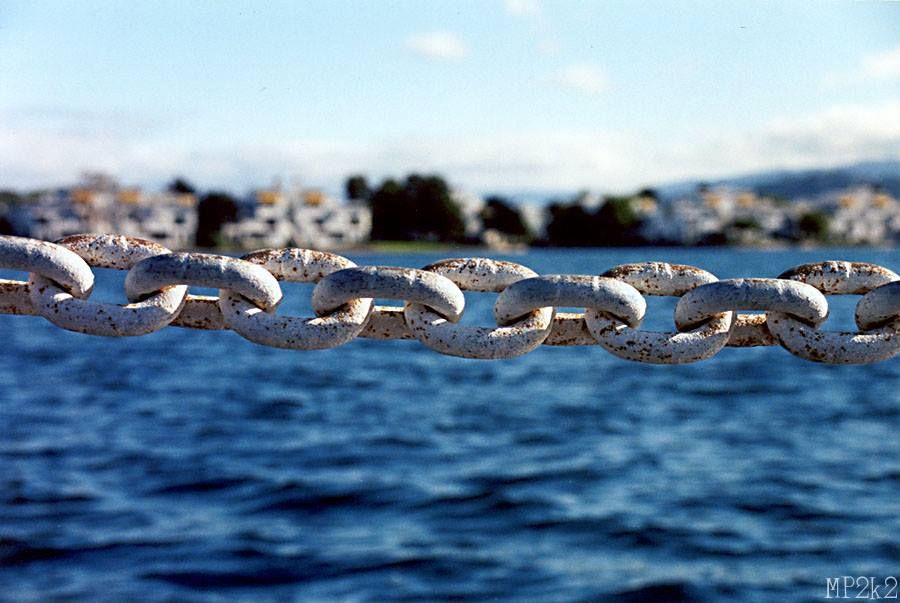 Close-up of a heavy metal chain link against blurred blue ocean background.