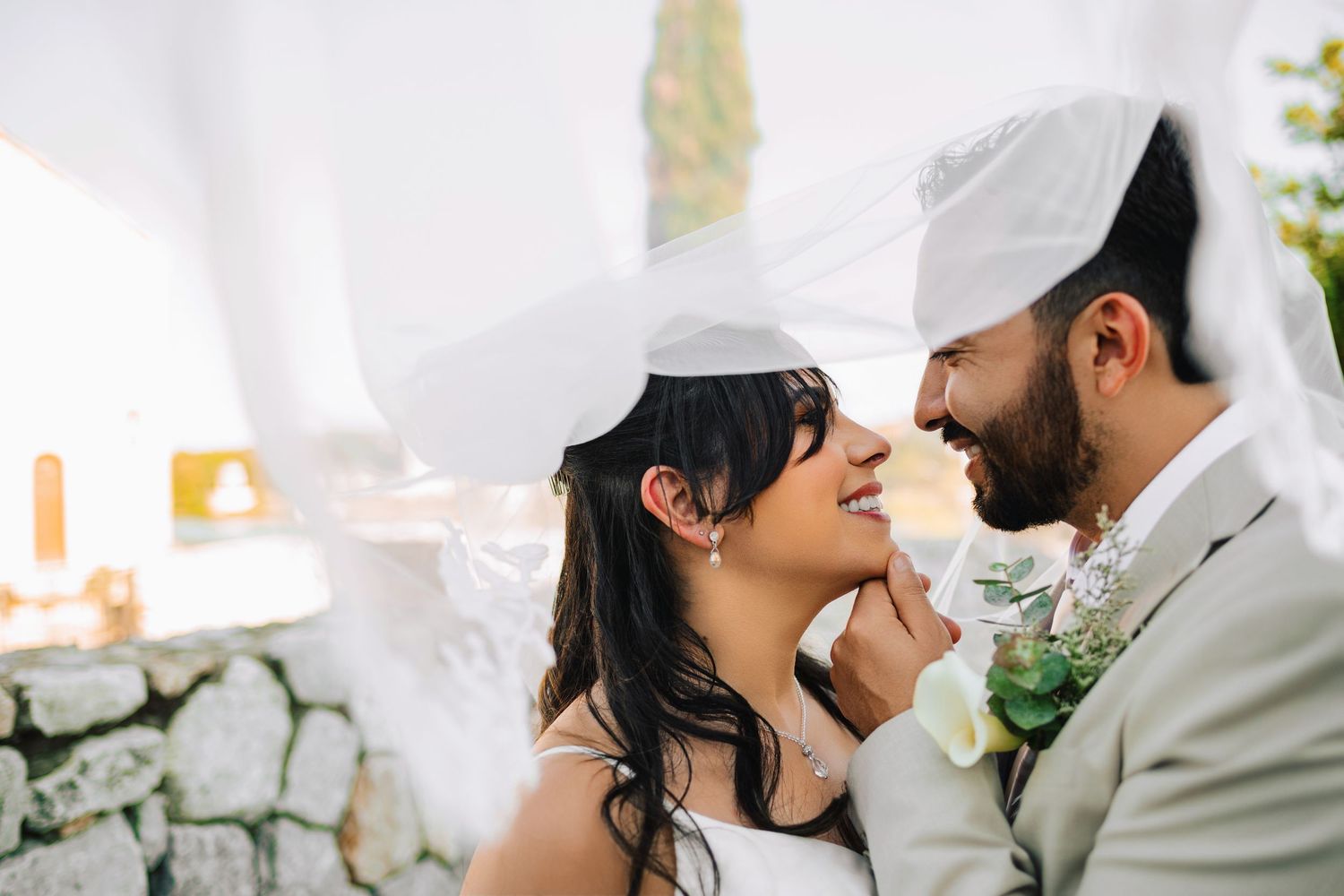 Smiling bride in a white dress and a bearded groom in a gray suit share a tender moment beneath a sheer veil outdoors.