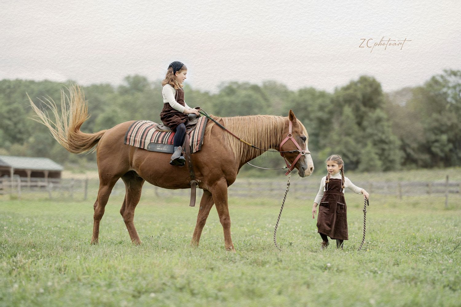 Girl riding chestnut horse while young child stands nearby in green pasture on cloudy day.