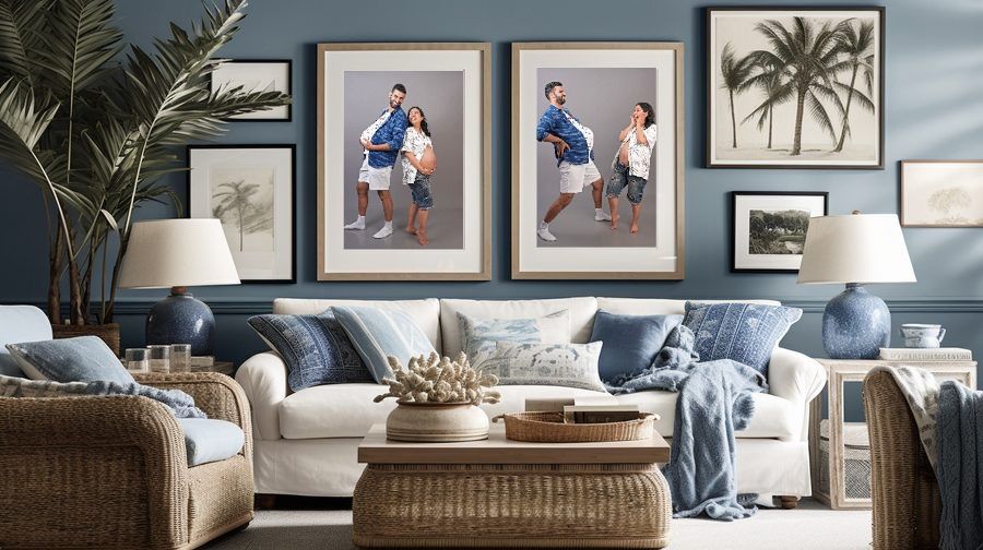 Coastal living room with rattan furniture, blue pillows, and framed family portrait gallery wall with palm tree artwork.