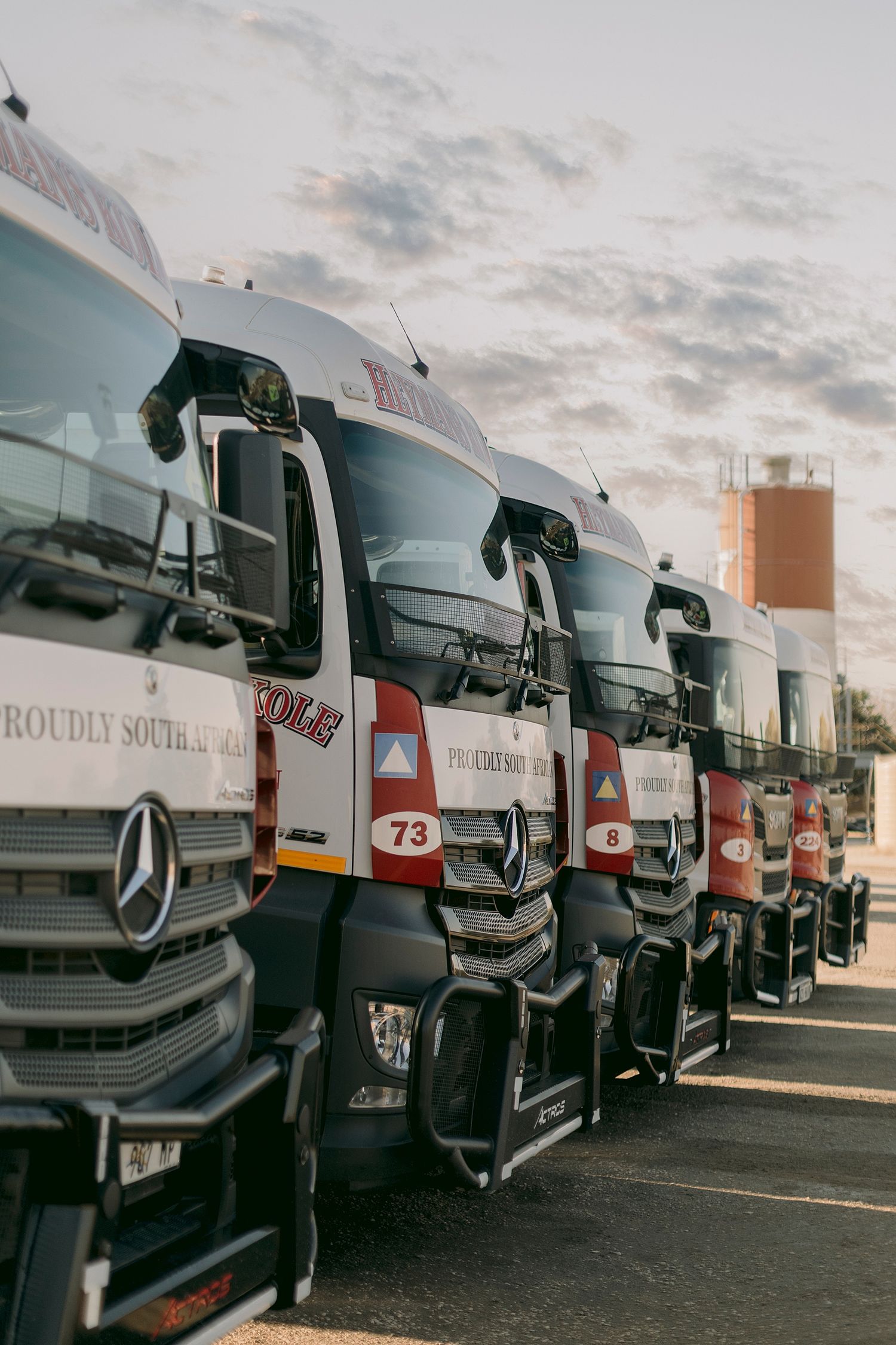 A row of Mercedes-Benz semi trucks parked in a lot at sunset, displaying South African fleet numbering.