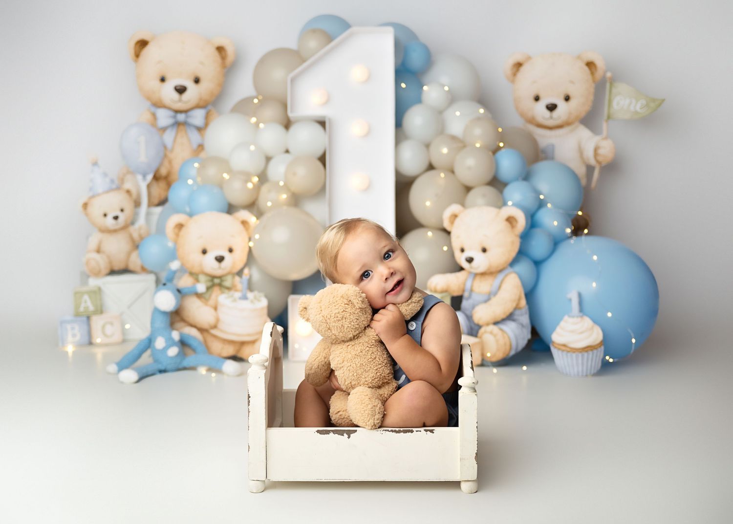 First birthday cake smash setup with a baby during a custom studio photography session in Linden, New Jersey.