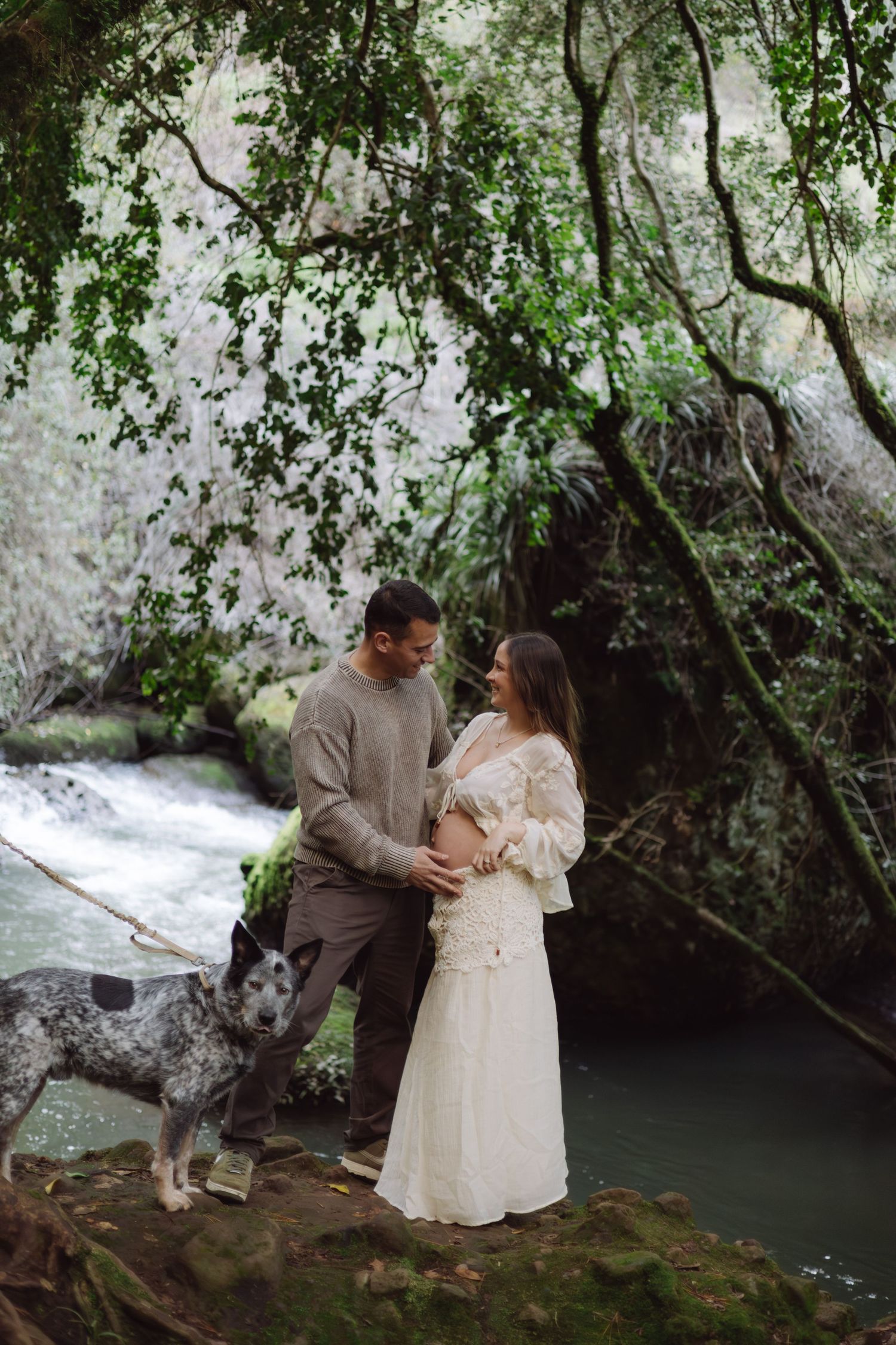 Couple embracing outdoors near a waterfall with lush green trees and a spotted dog beside them.