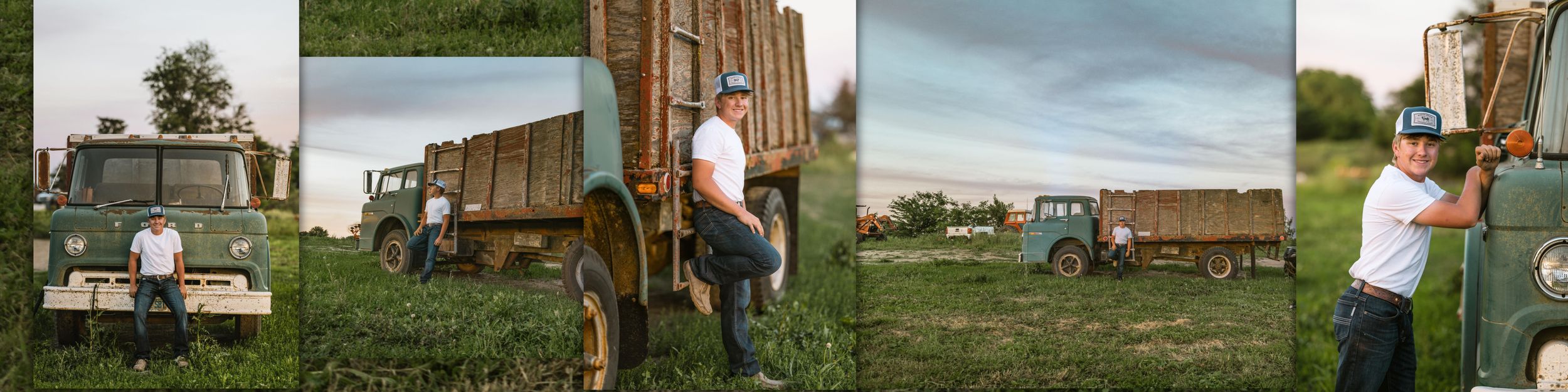 Man in white shirt leans against vintage farm truck in green field, rustic countryside senior portrait photography.