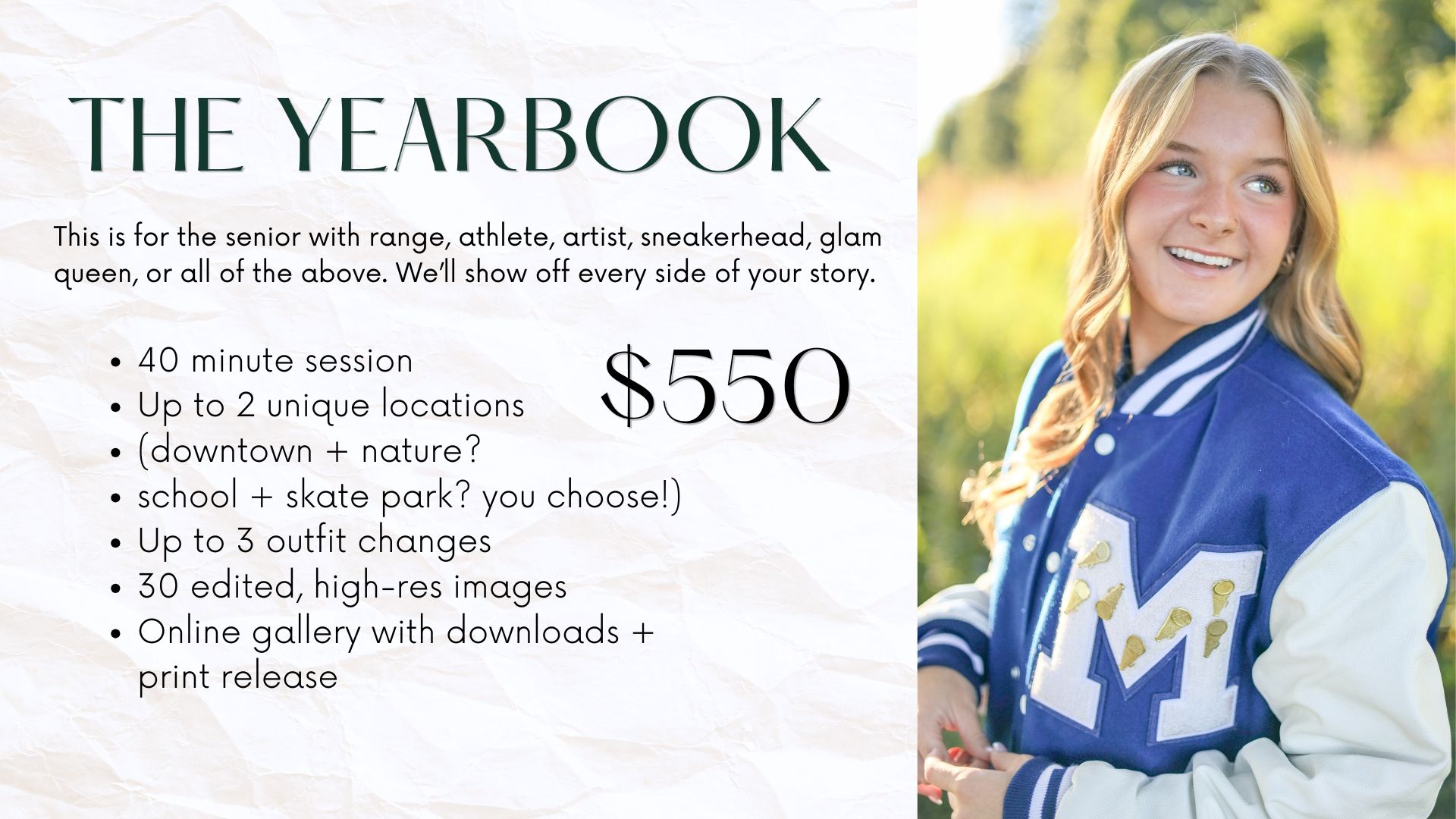 Senior yearbook photography package promo featuring a smiling blonde teen in a blue jacket, offering 40-min sessions for $550.
