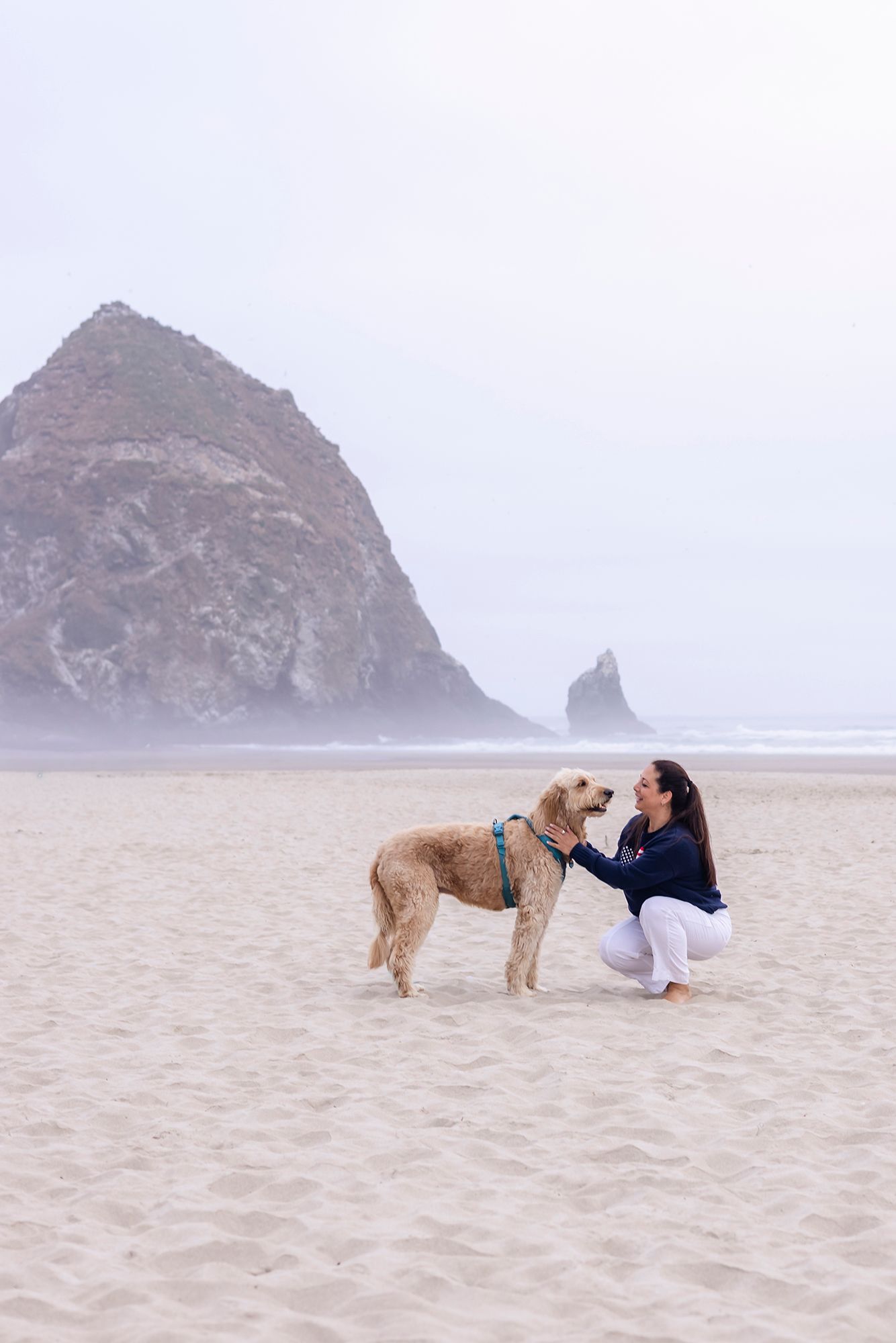 Woman kneeling with golden doodle dog on sandy beach, with iconic Haystack Rock in misty background.