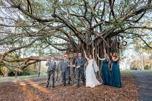 Wedding party posing under a large banyan tree, bride in white gown with groomsmen and bridesmaids in teal dresses Factory 51 Brisbane