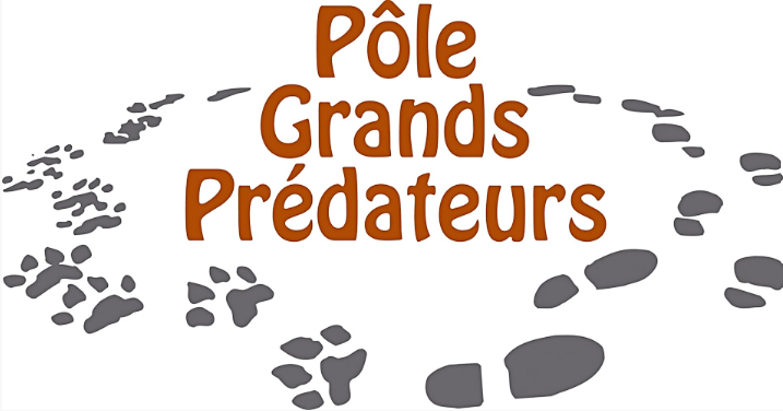 Logo of Pôle Grands Prédateurs featuring animal tracks surrounding bold orange text on white background.