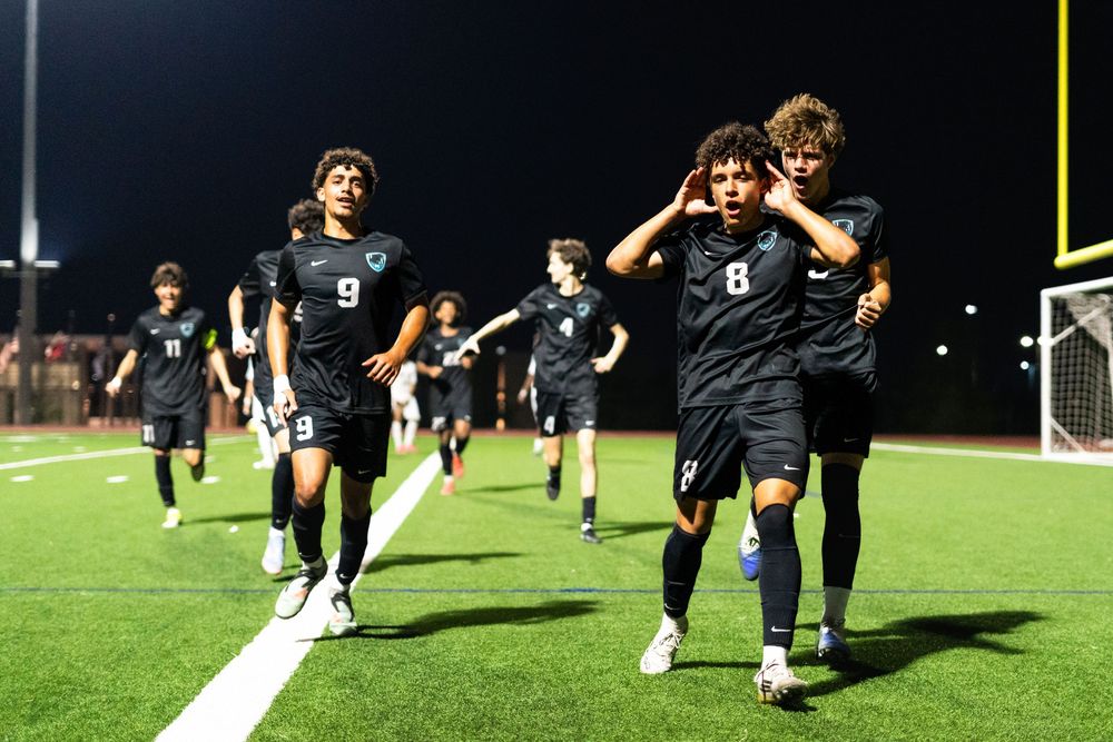 High school soccer players in black uniforms celebrate a goal on the field at night.