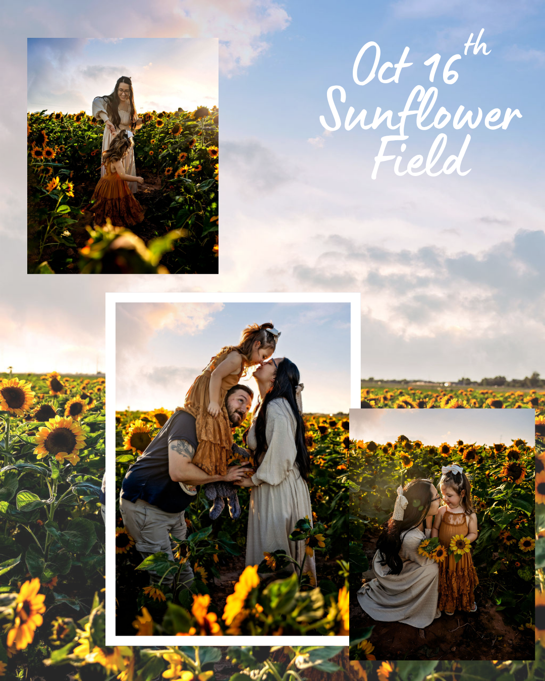Family photo session in a sunflower field on Oct 16th, featuring a couple and child surrounded by blooming sunflowers.